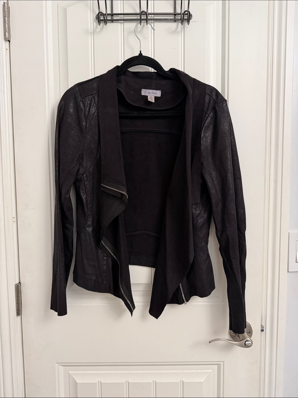 Calvin Klein Black Draped Faux-Leather Open Front Jacket